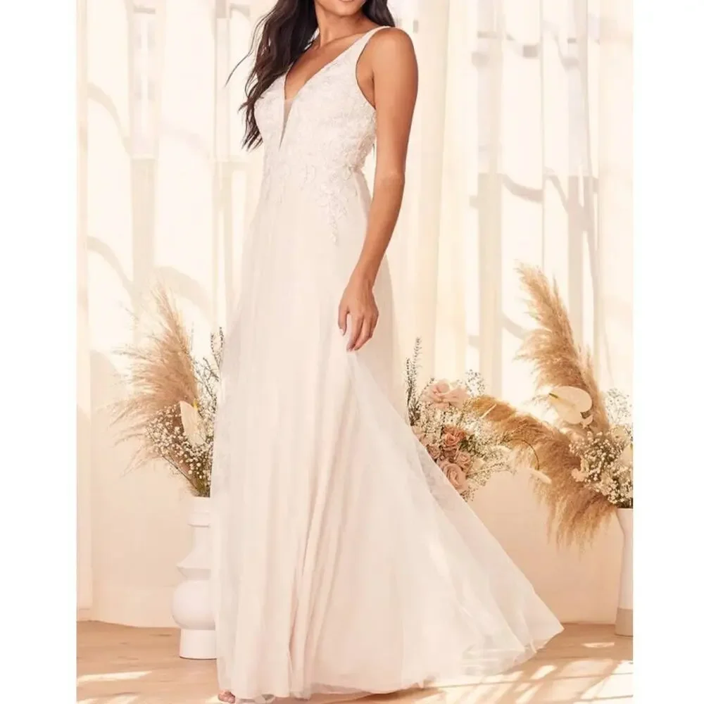Lulus White/Beige Embroidered Tulle Maxi Dress